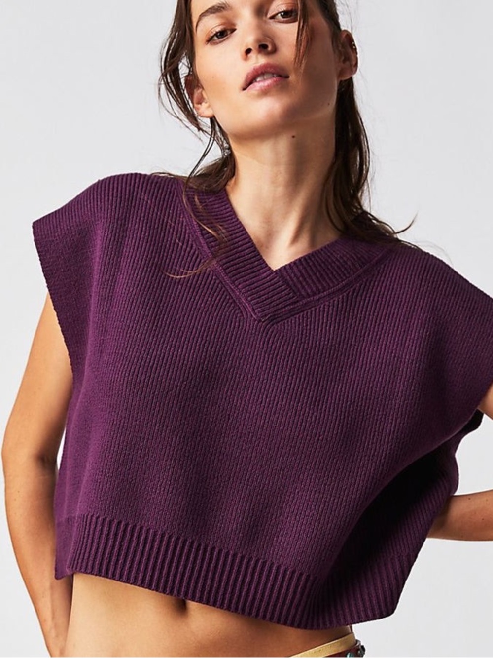 Free People Plum Easy  Street Cropped  Knit V-Neck Sweater Vest - L